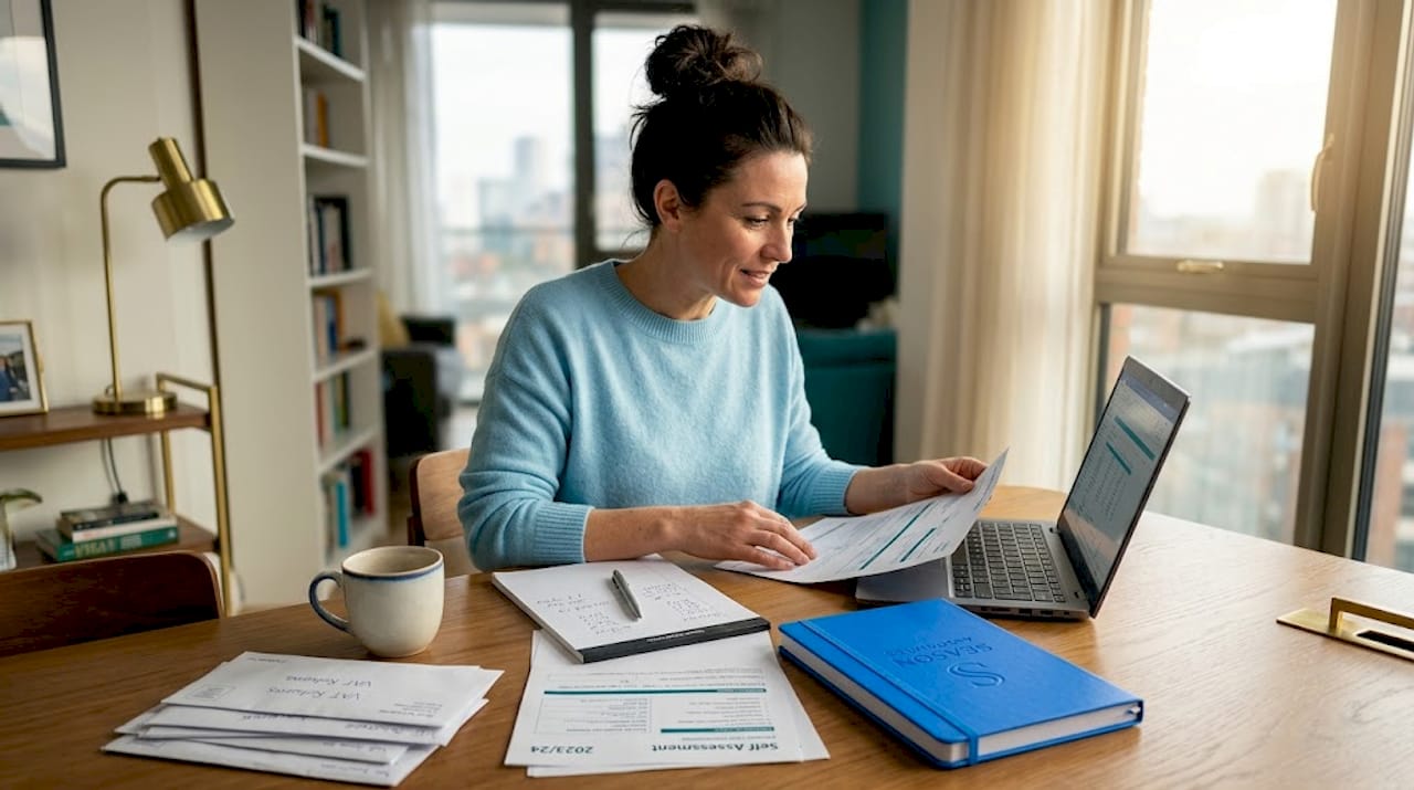 Woman reviewing tax paperwork at home table